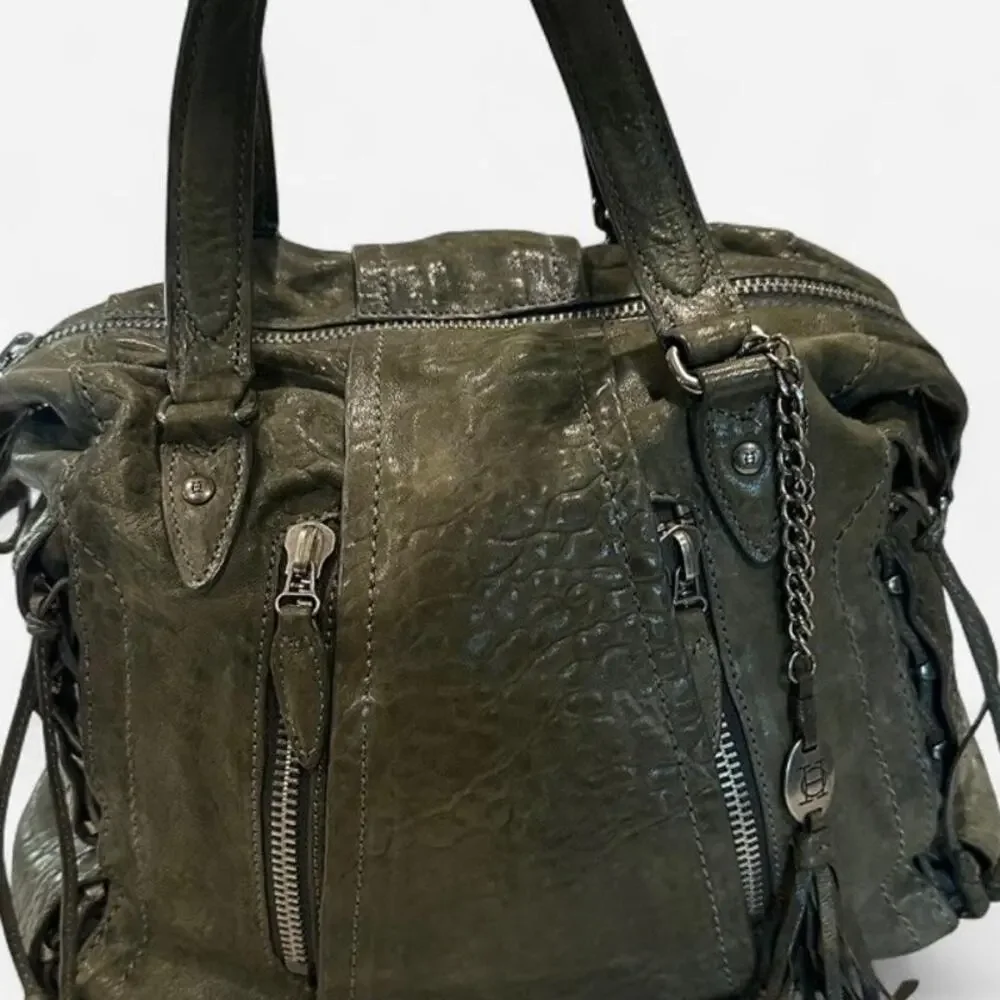 Olivia Harris Olive Green Genuine Leather City Satchel Boho Moto Bag